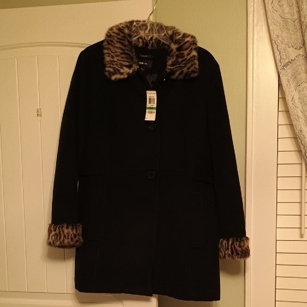 NWT Style & CO.Woman's Large Ebony Black Coat with Leopard Print On Neck & Cuffs